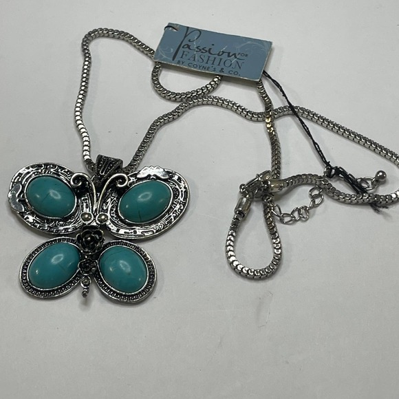 faux turquoise blue necklace butterfly pendant burnished silver tone trendy boho - Picture 3 of 9